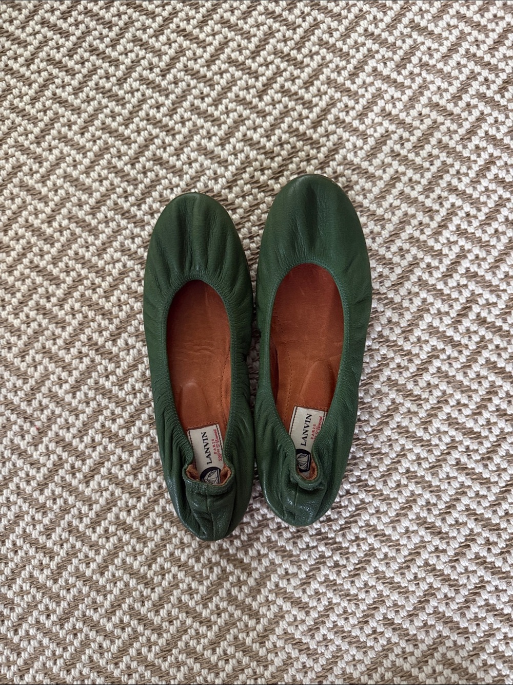 Lanvin Dark Green Gathered Leather Ballet Flats